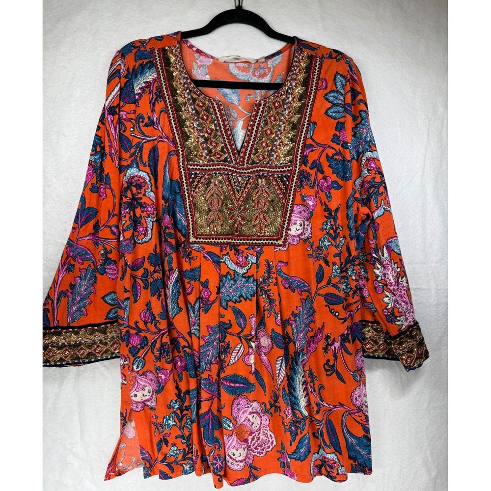 Soft Surroundings Samara Floral Beaded Sequin 3/4 Sleeve Tunic Orange 1X 5CK98